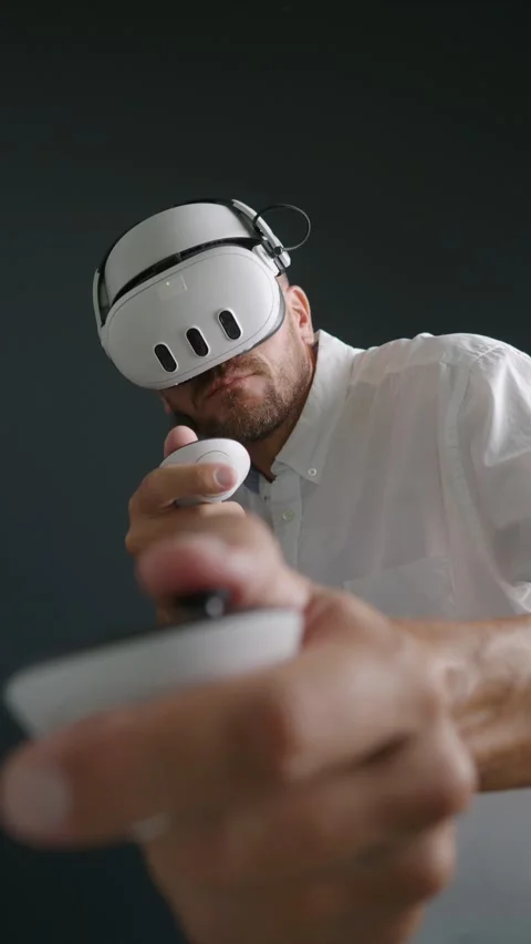 Man playing VR shooters game with gun stock. Stock Footage 279007713