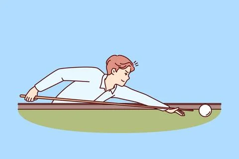 Man plays billiards leaning over table with cue in hands and taking aim, to put Illustrazione stock
