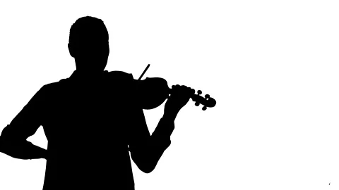 Man plays a fast melody on a classical violin. Medium long shot. Silhouette Stock Footage 134522785