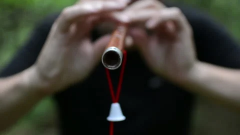 Man plays A Flute In The Forest Stock Footage 143699045