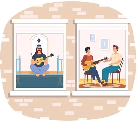 Man plays guitar, learning to play musical instrument people are fond of music 스톡 일러스트