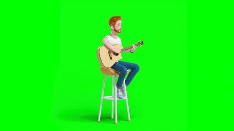 Man Plays Guitar While Sitting on High Stool on Green Background Stock Footage 329733196