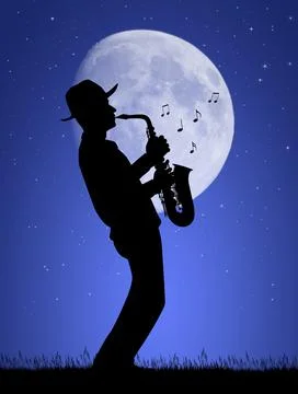 Man plays the saxophone in the moonlight Stock Illustration