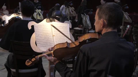 Man plays violin by notes in theater, rehearsal before performance, orchestra Stock Footage 225287973