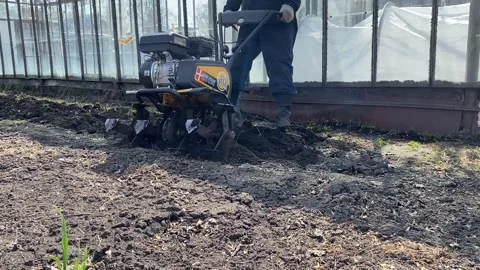 Man plows the land with a mini combine harvester for growing vegetables Stock Footage 240728509