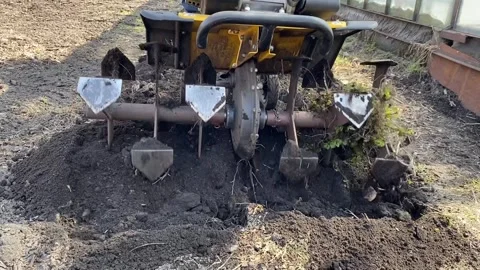 Man plows the land with a mini combine harvester for growing vegetables Stock Footage 240728551