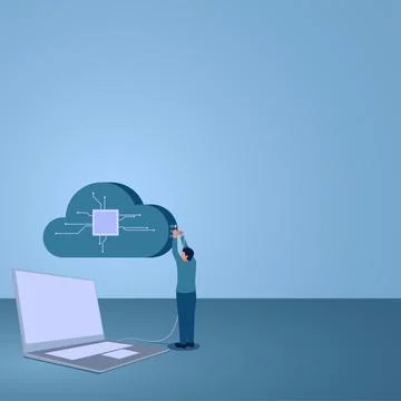 A man plugs a laptop's usb cable into cloud storage, illustration for cloud.. Stock Illustration