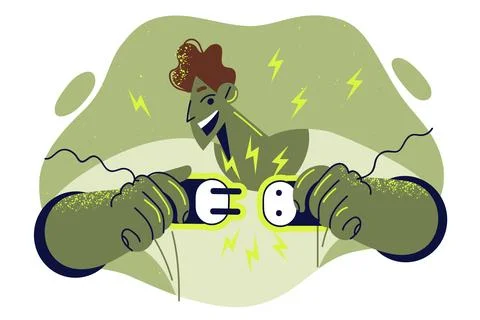 Man plugs plug into socket and rejoices at appearance current thanks to green 스톡 일러스트