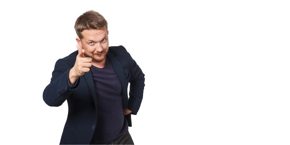 Man point to viewer while standing against white background Stock Photos