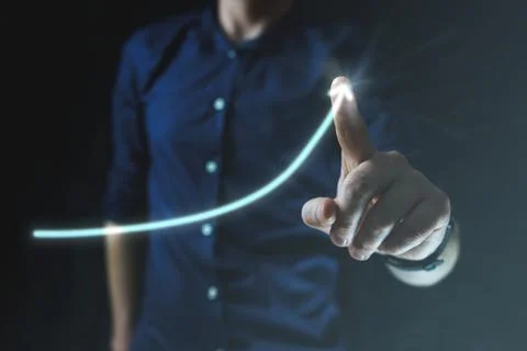 Man point on visual blue arrow. Visual concept of business success, motivation Foto stock