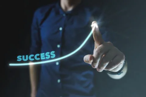 Man point on visual blue arrow with word success. Visual concept of business Stock Photos