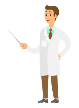 Man with pointer isolated on white background. Professor explains new topic in Illustrazione stock