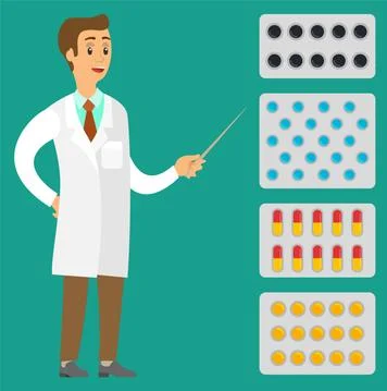 A man with a pointer talks about pills. Professor explains a new topic in the Ilustración de archivo