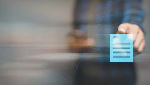 Man pointing at a 3D-rendered signed document icon in front of him, concept of d Stock Photos