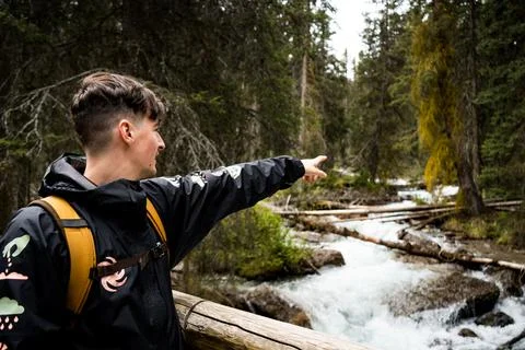 Man pointing across forest stream Stock Photos