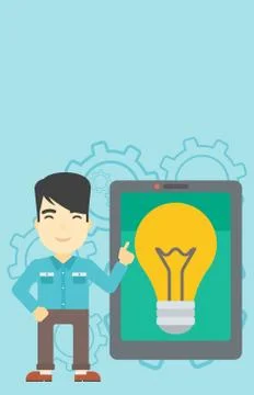 Man pointing at big tablet computer Stock Illustration