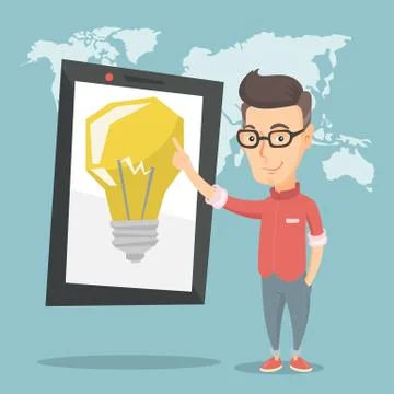 Man pointing at big tablet computer. Illustrazione stock