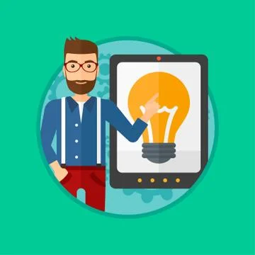 Man pointing at big tablet computer. Stock Illustration