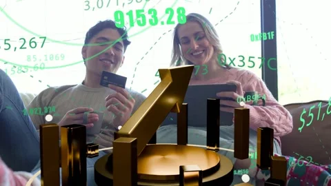 Man pointing card at tablet starting gold finance chart rising over couple, Stock Footage 340750819