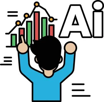 A man is pointing at a chart with the word AI in the background 库存插图