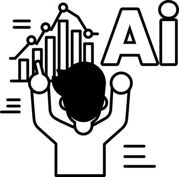Man is pointing at a chart with the word AI in the background 库存插图