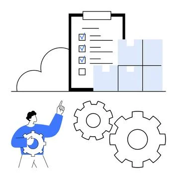 Man pointing at checklist and stacks of boxes and gears indicating process .. Illustrazione stock