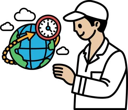 A man is pointing at a clock that is showing the time as 3:00 Stock Illustration