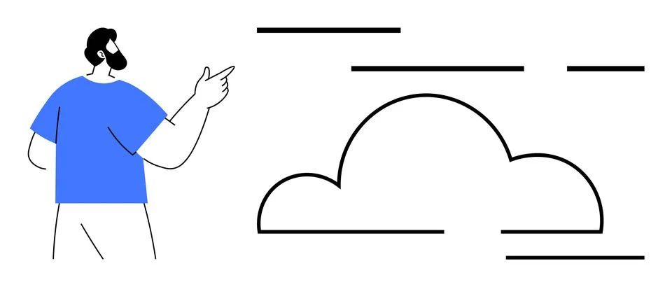 Man Pointing at Cloud with Simple Lines and Blue Shirt Illustration Illustrazione stock