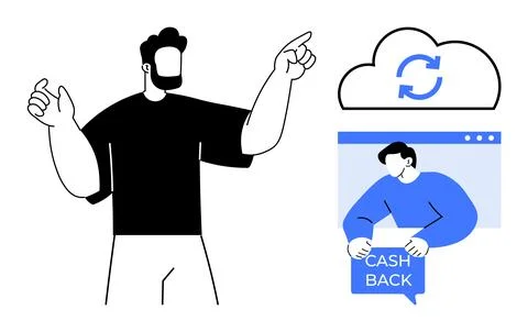 Man pointing at cloud with synchronization icon and person on computer holdin Stock Illustration