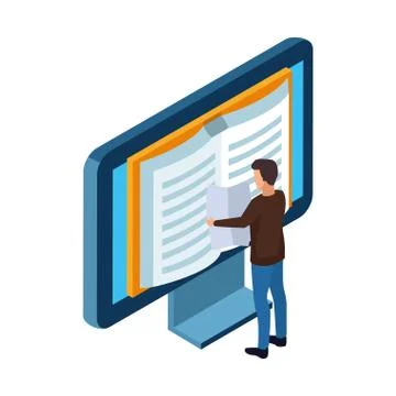 Man pointing a computer with book on screen Illustrazione stock