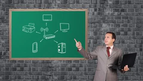 Man pointing to computer network Illustrazione stock