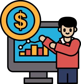 A man is pointing at a computer screen with a dollar sign on it Ilustración de archivo