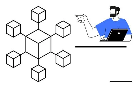 Man Pointing at Connected Cubes While Working on Laptop Highlighting Networ.. Stock Illustration