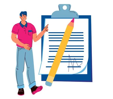 Man pointing at contract or agreement document, flat vector isolated. Stock Illustration