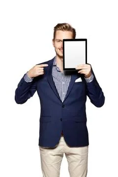 Man pointing at digital tablet Stock Photos