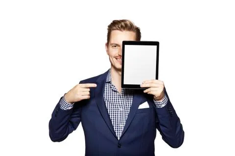 Man pointing at digital tablet Foto stock
