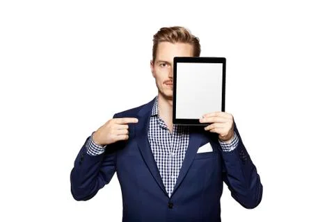 Man pointing at digital tablet Stock Photos