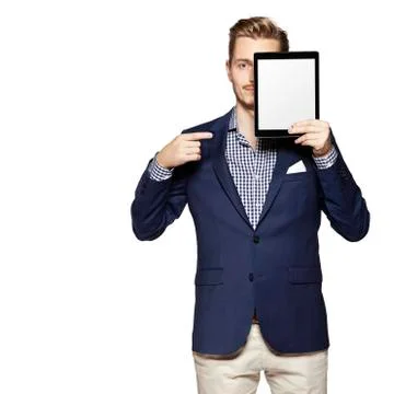 Man pointing at digital tablet Stock Photos