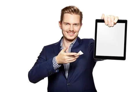 Man pointing at digital tablet Stock Photos