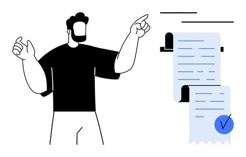 Man Pointing at Document with Checkmark and Details in Minimalist Style Stock Illustration