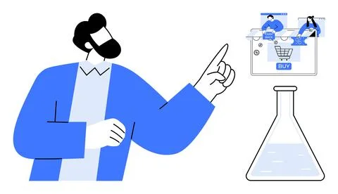 Man pointing at e-commerce interface with shopping cart, alongside a biochemi Ilustração Stock