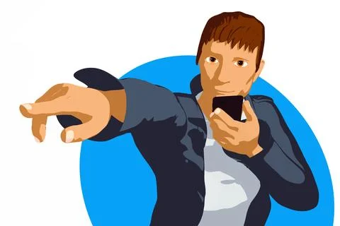 Man pointing finger and talking on mobile phone copy space vector illustrat.. Stock Illustration