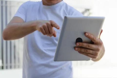 Man pointing a finger at a digital frame Stock Photos