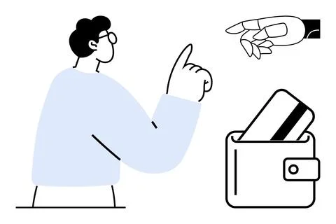Man Pointing with Finger, Robotic Hand, and Wallet with Credit Card Depicti.. Stock Illustration