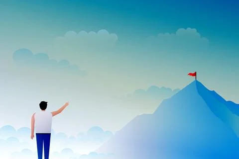 Man pointing at flag on mountain top 스톡 일러스트