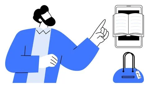Man pointing at floating book on tablet screen and purse with price tag. Idea Stock Illustration