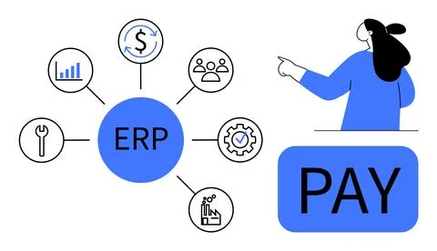 Man pointing to graph with ERP central hub for business solutions and payment 스톡 일러스트