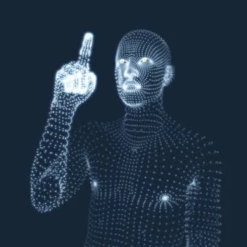 Man Pointing his Finger. 3D Model of Man. Geometric Design. Illustrazione stock