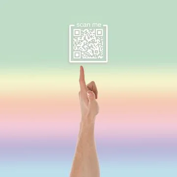 Man pointing at illustration of QR code on color background, closeup Foto stock