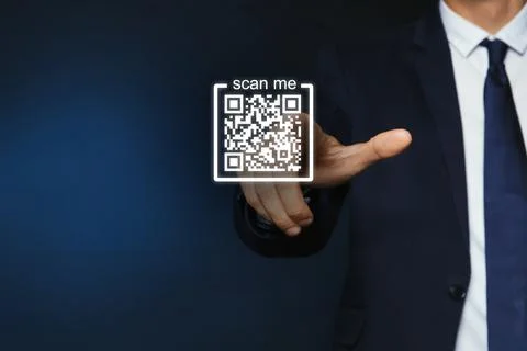 Man pointing at illustration of QR code on dark blue background, closeup Foto stock